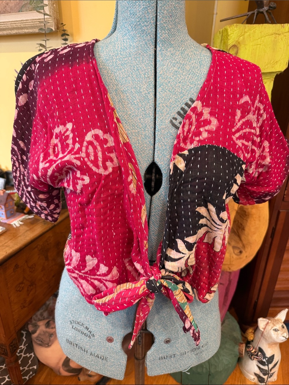 Tie-Front Floral Patchwork bolero top in Magenta and Black